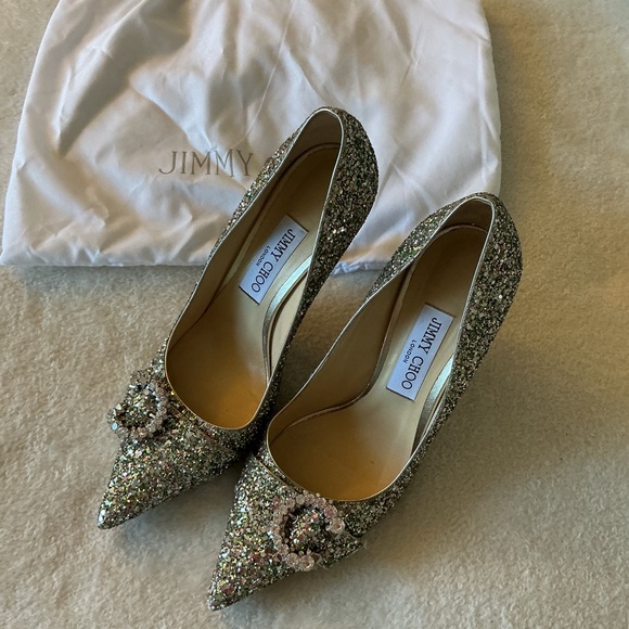 Rare Jimmy Choo Green Saresa 85 Glittered Court Shoes With Crystal Buckle - Picture 2 of 9